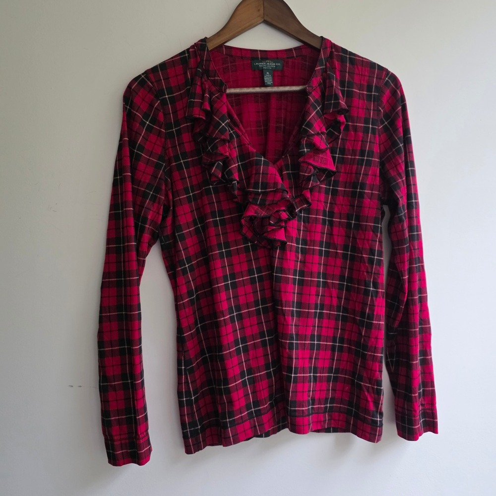 Lauren Ralph Lauren Red Black Plaid Ruffle V-Neck Long Sleeve Top Petite Large